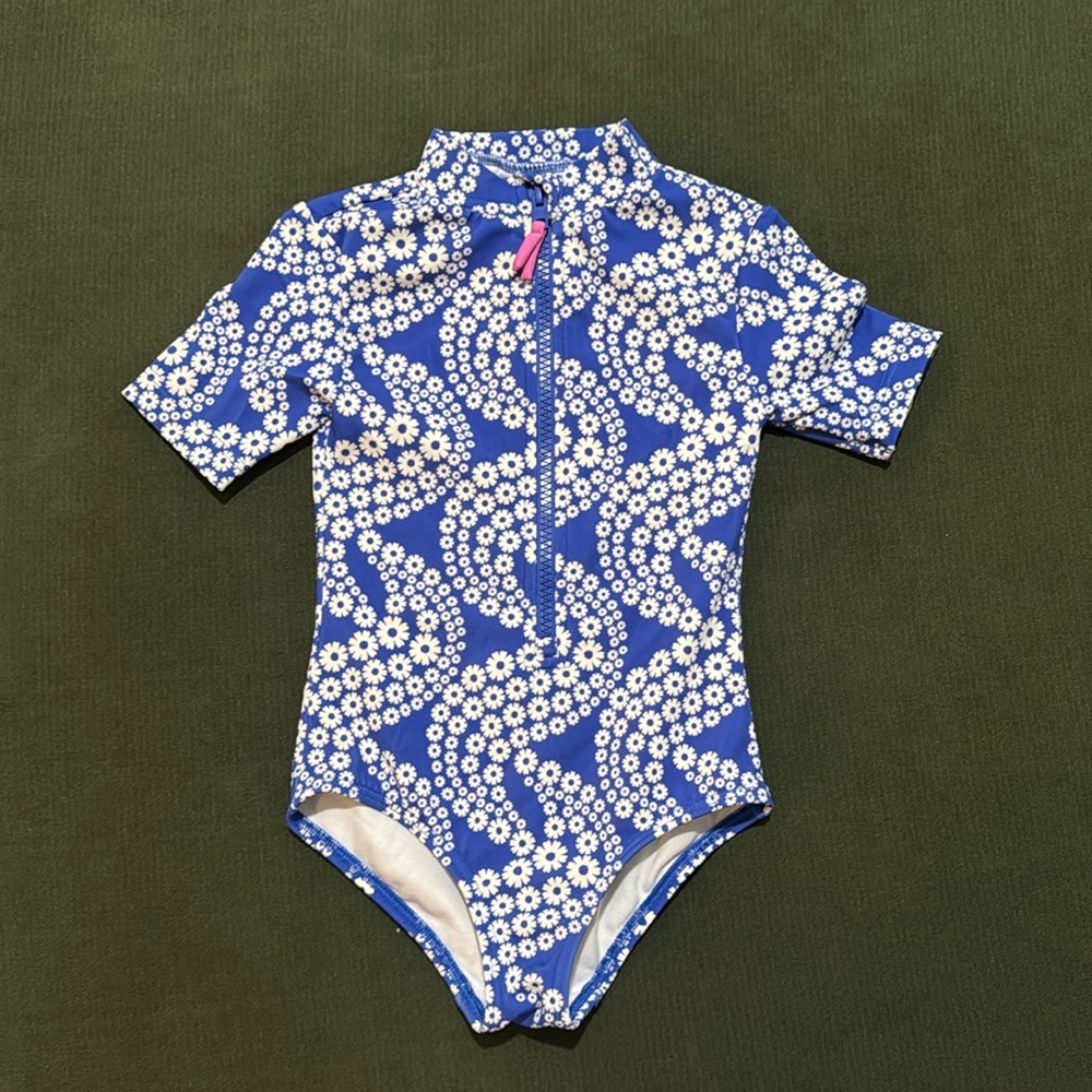 MINI BODEN 3-4Y blue and white floral swimsuit